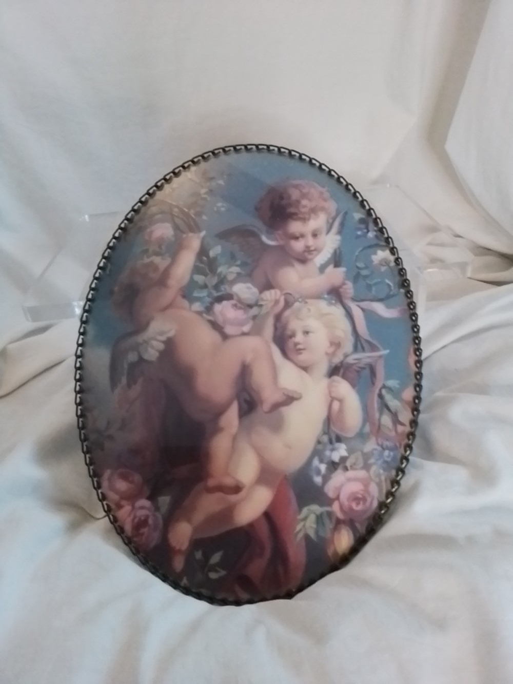 Crescent Cherub Oval Wall Plaque in Blue and Pink